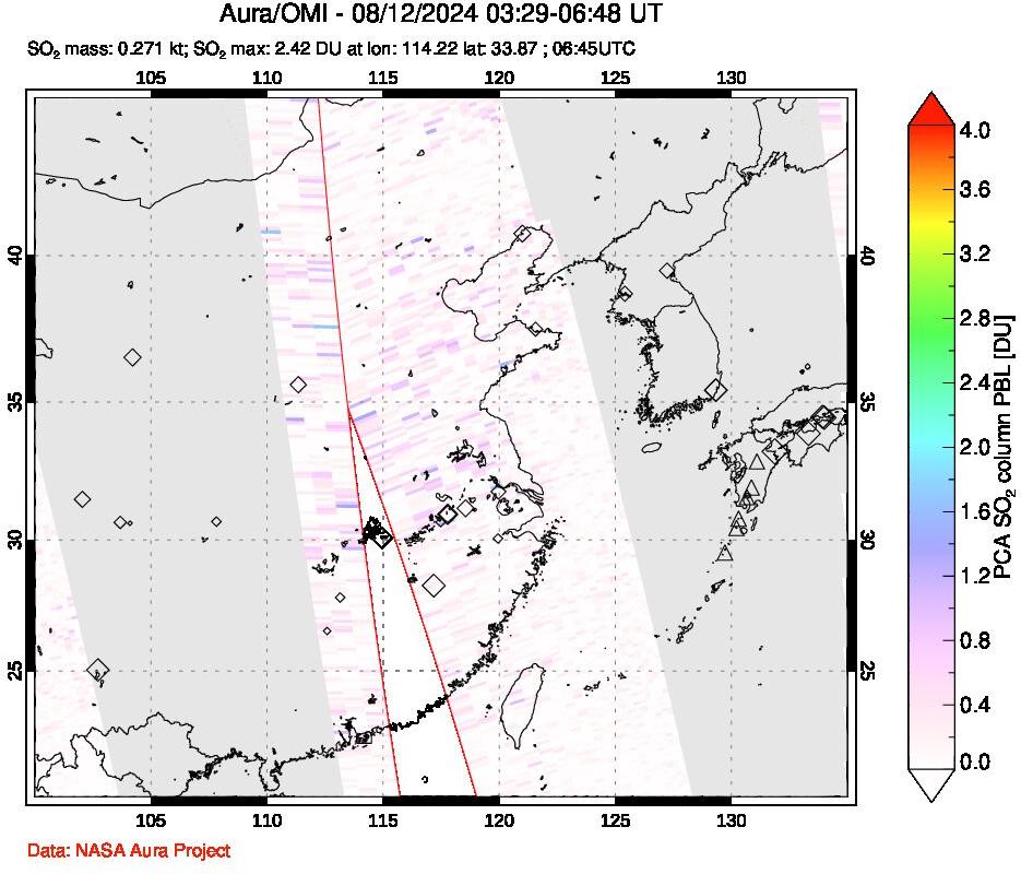 A sulfur dioxide image over Eastern China on Aug 12, 2024.