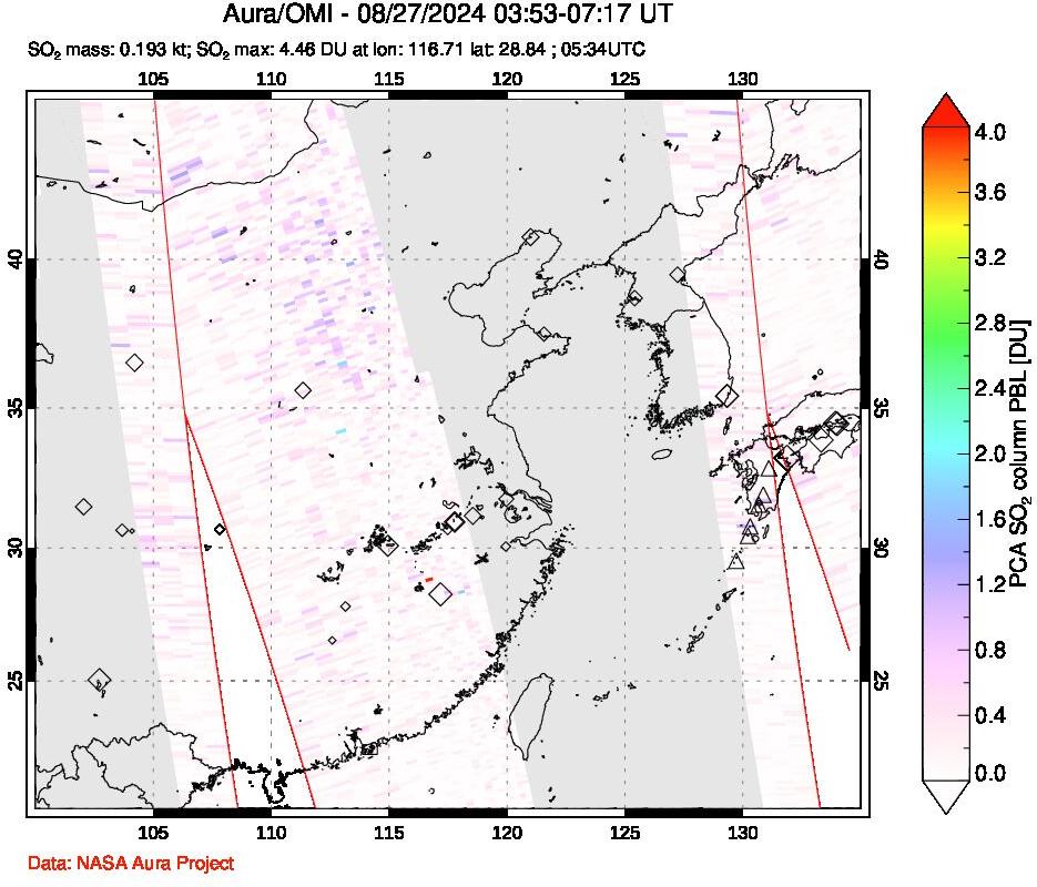 A sulfur dioxide image over Eastern China on Aug 27, 2024.