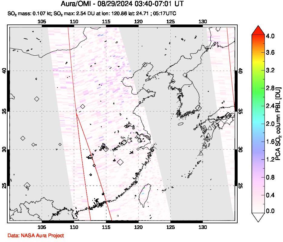 A sulfur dioxide image over Eastern China on Aug 29, 2024.