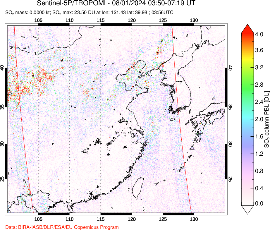 A sulfur dioxide image over Eastern China on Aug 01, 2024.