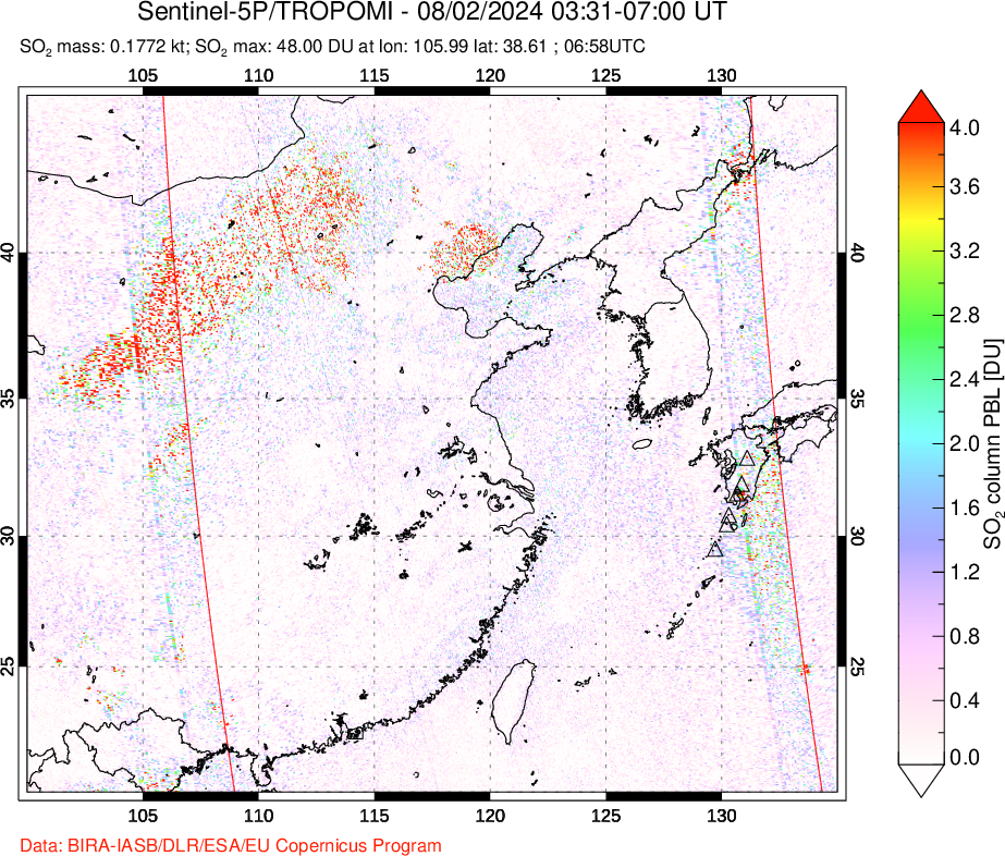 A sulfur dioxide image over Eastern China on Aug 02, 2024.