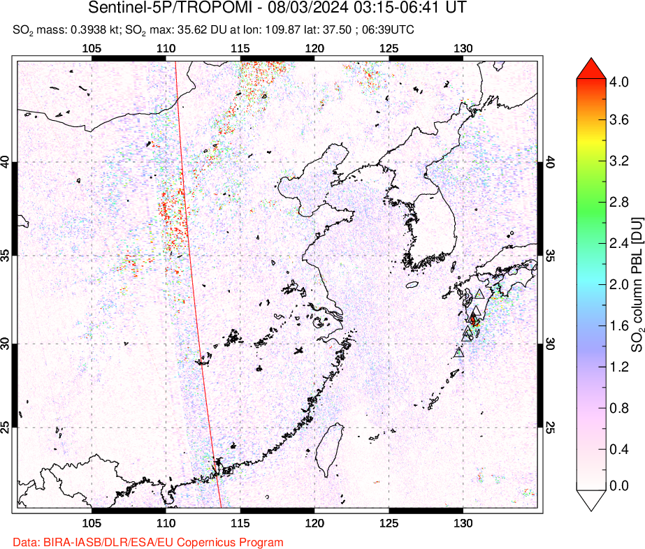 A sulfur dioxide image over Eastern China on Aug 03, 2024.