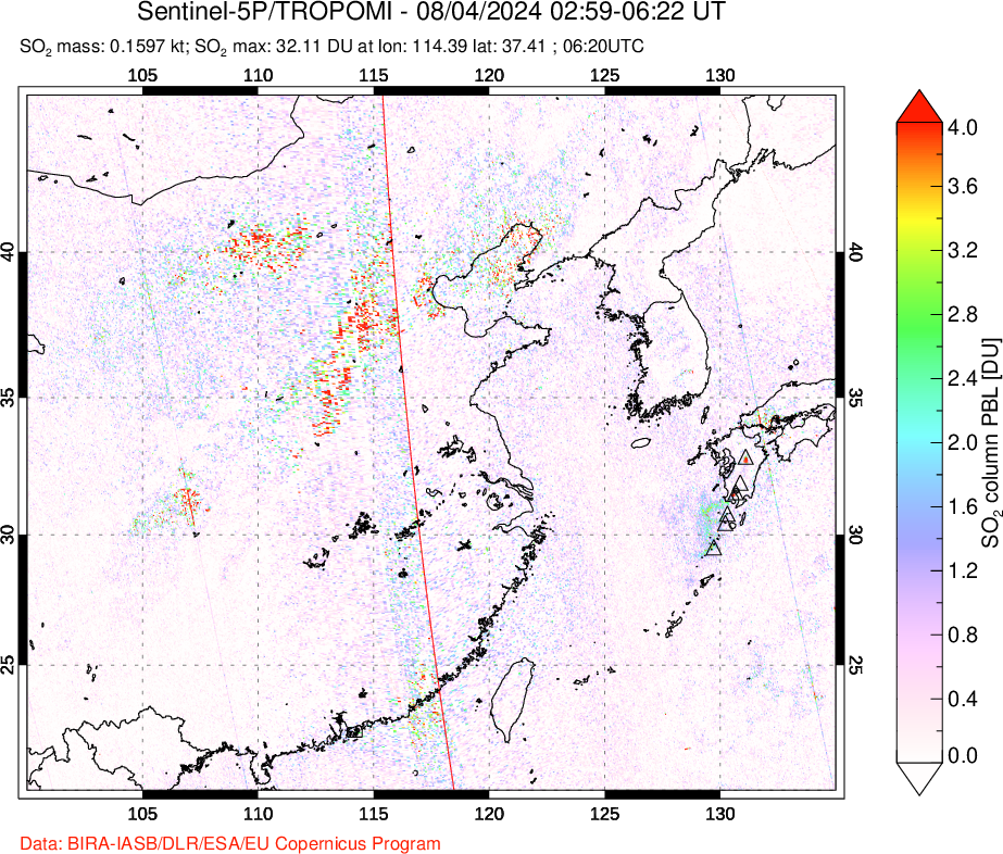 A sulfur dioxide image over Eastern China on Aug 04, 2024.