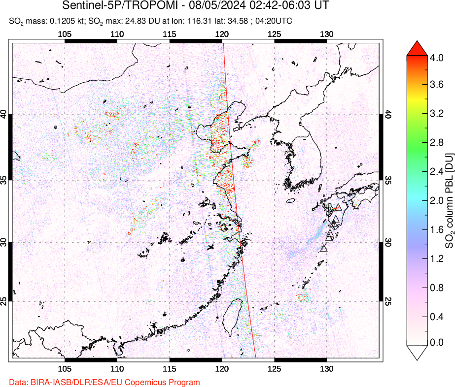 A sulfur dioxide image over Eastern China on Aug 05, 2024.