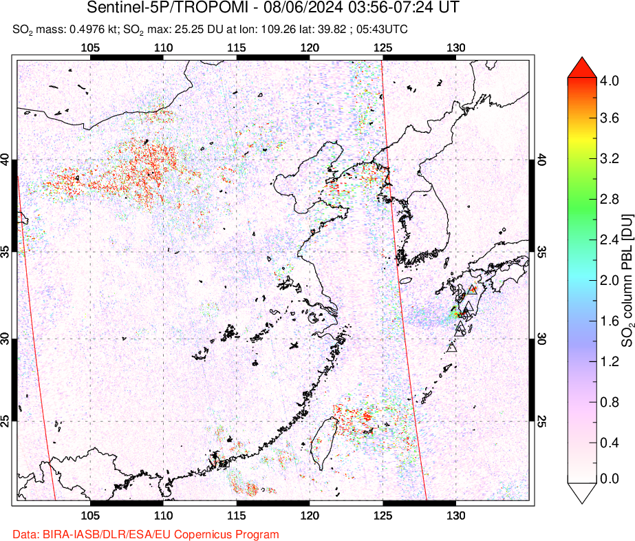 A sulfur dioxide image over Eastern China on Aug 06, 2024.