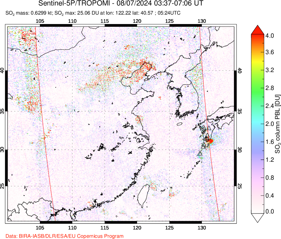 A sulfur dioxide image over Eastern China on Aug 07, 2024.