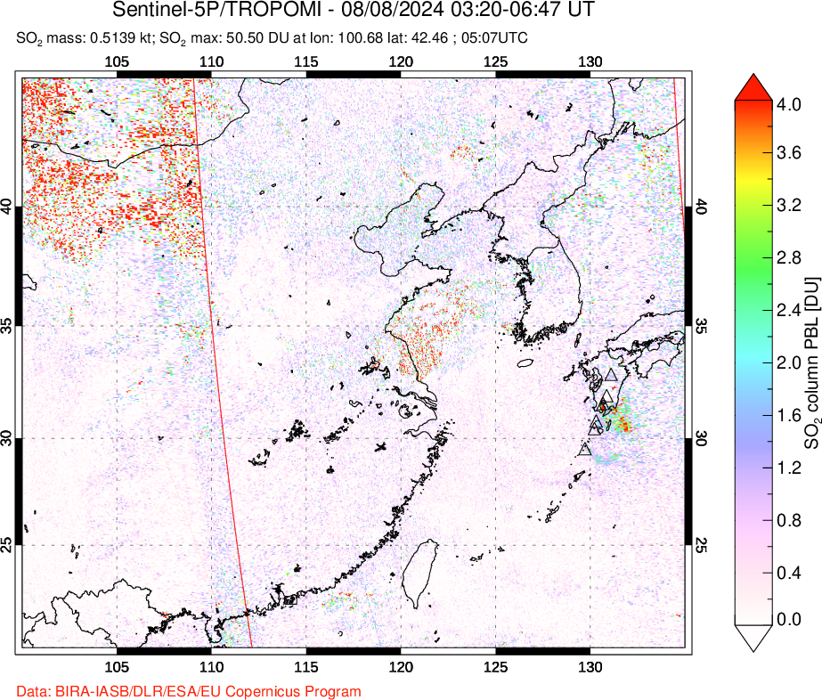 A sulfur dioxide image over Eastern China on Aug 08, 2024.