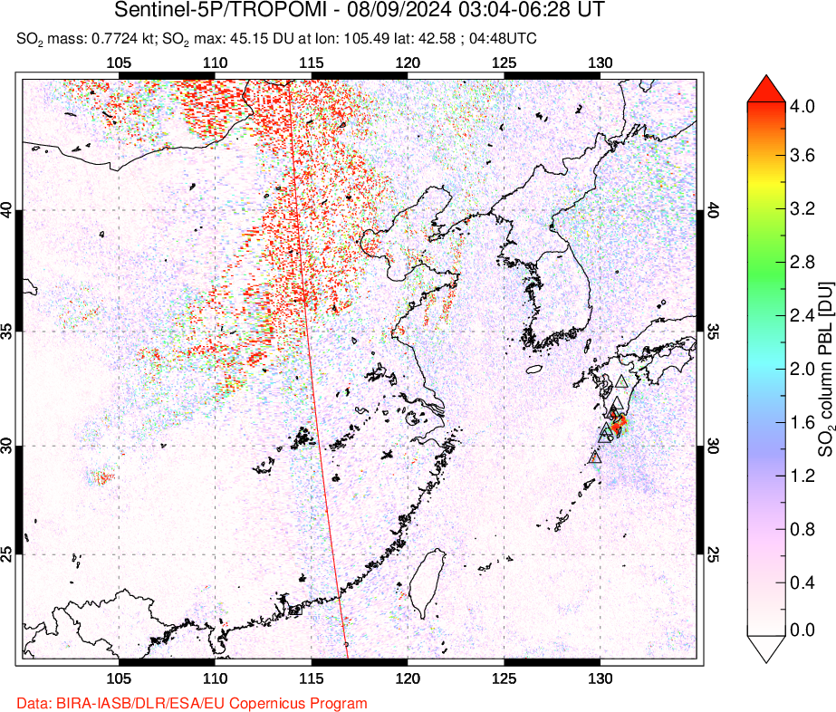 A sulfur dioxide image over Eastern China on Aug 09, 2024.