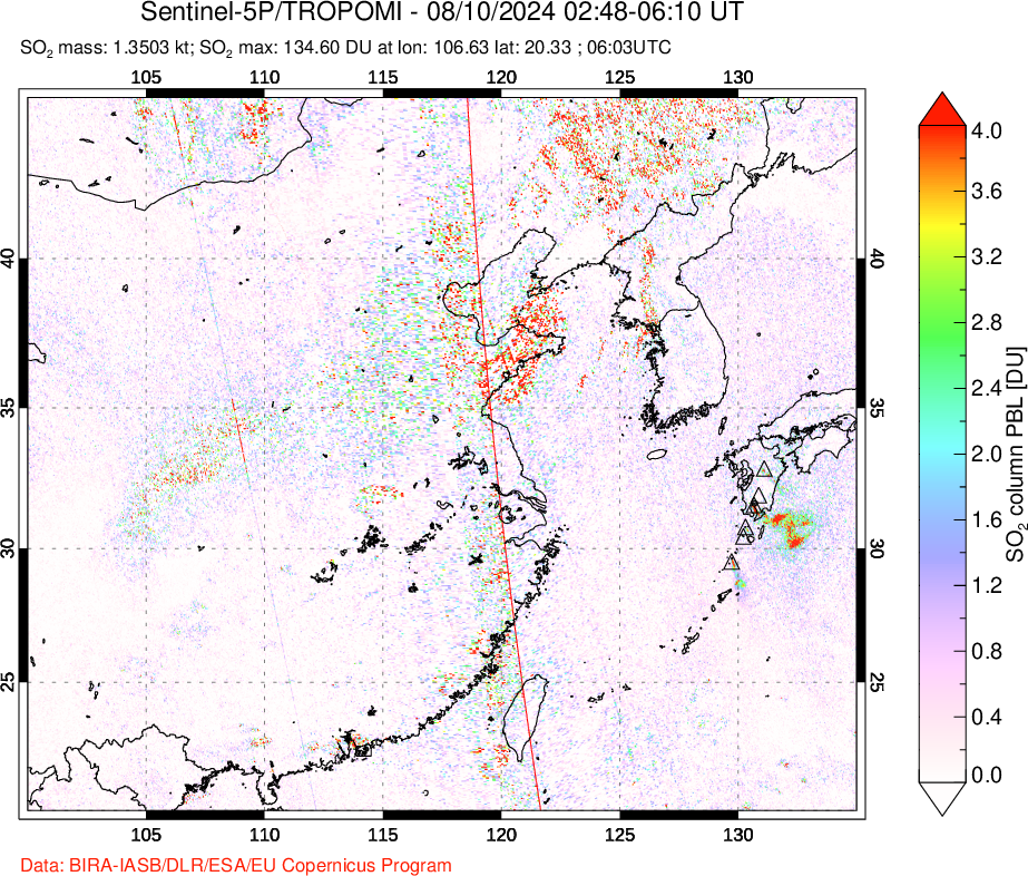 A sulfur dioxide image over Eastern China on Aug 10, 2024.