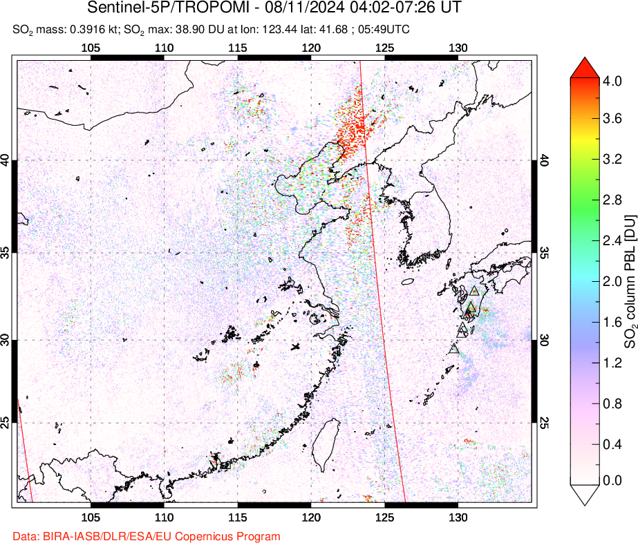 A sulfur dioxide image over Eastern China on Aug 11, 2024.