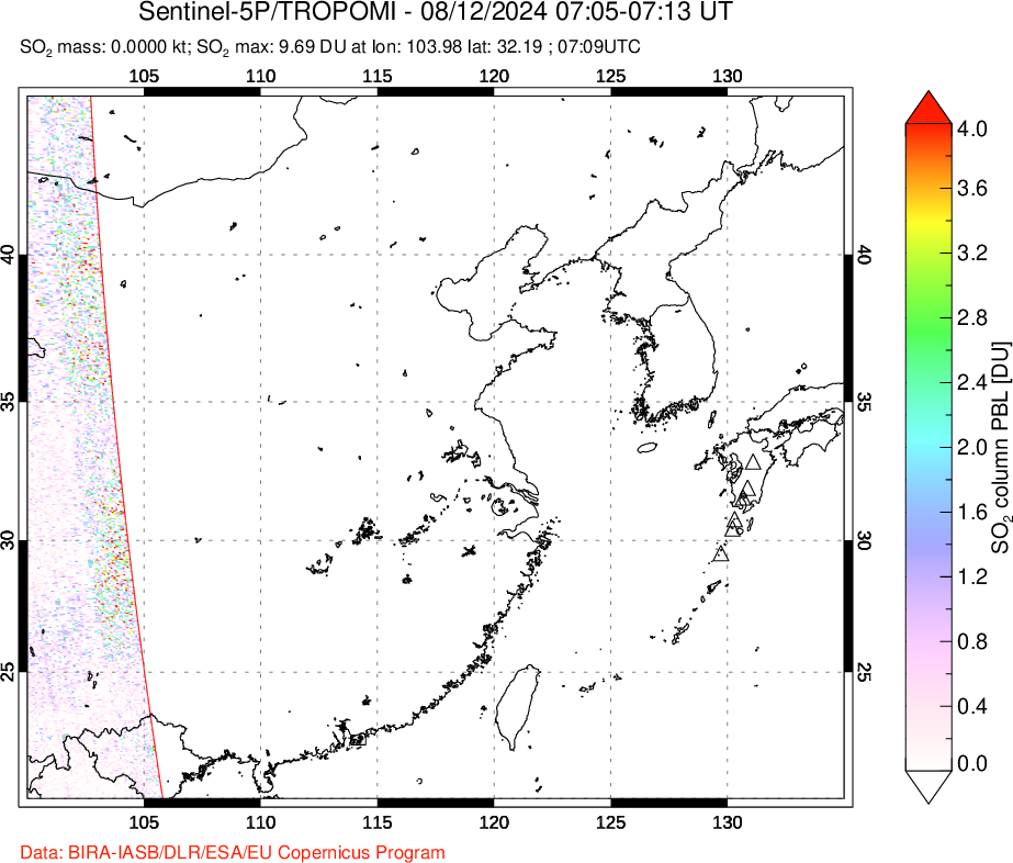 A sulfur dioxide image over Eastern China on Aug 12, 2024.