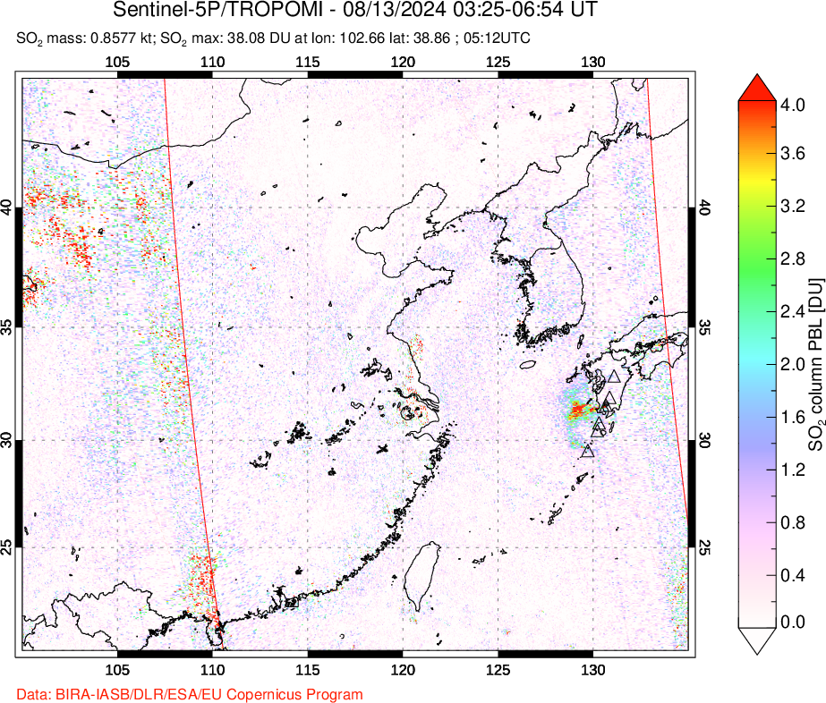 A sulfur dioxide image over Eastern China on Aug 13, 2024.