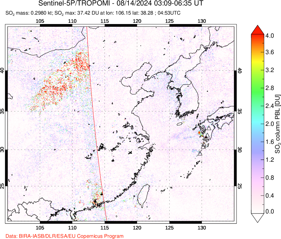 A sulfur dioxide image over Eastern China on Aug 14, 2024.