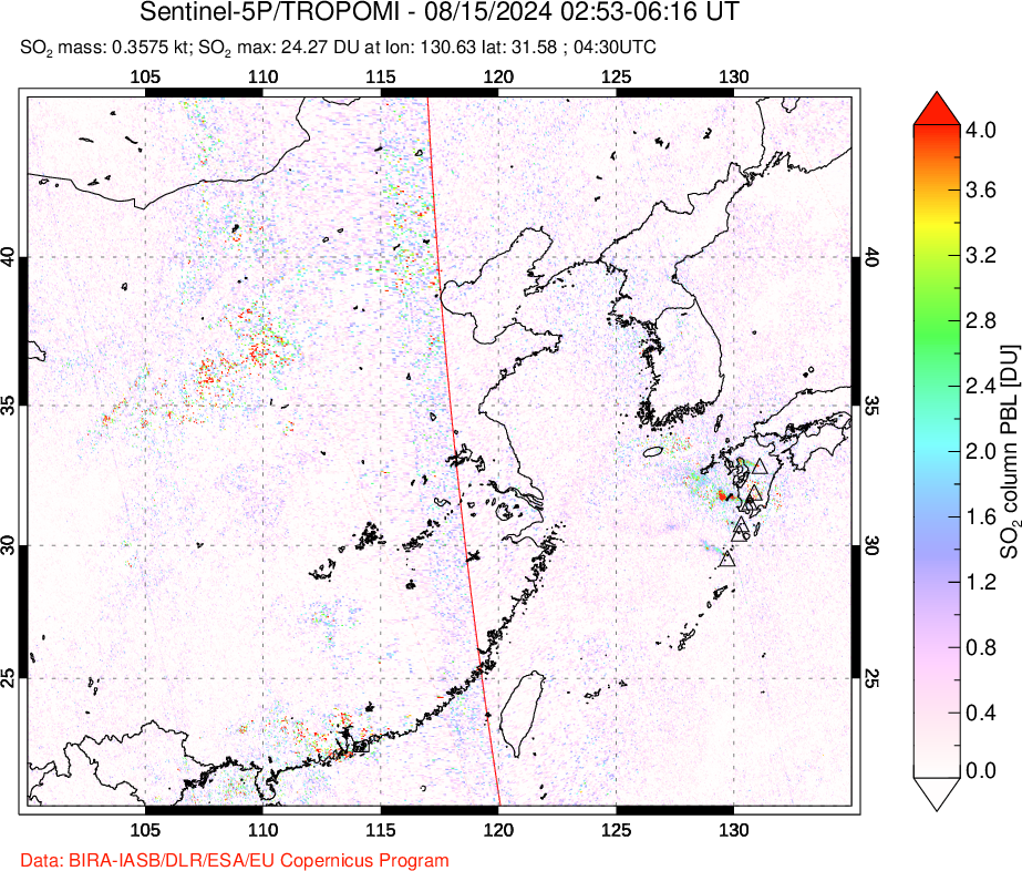 A sulfur dioxide image over Eastern China on Aug 15, 2024.