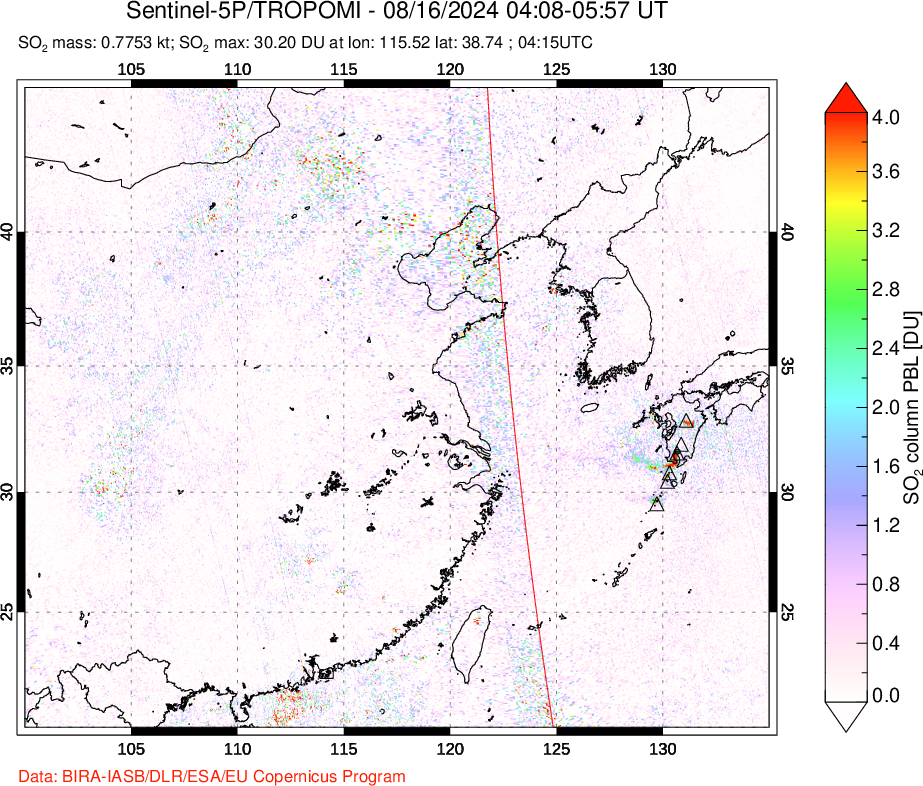 A sulfur dioxide image over Eastern China on Aug 16, 2024.