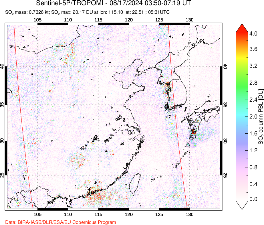 A sulfur dioxide image over Eastern China on Aug 17, 2024.