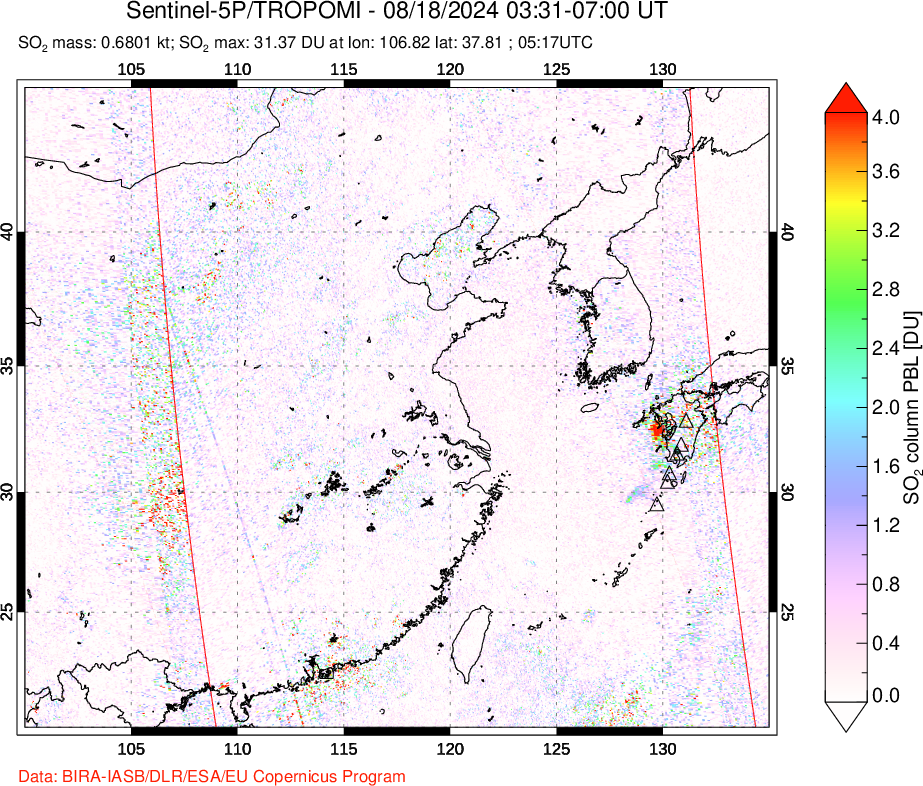 A sulfur dioxide image over Eastern China on Aug 18, 2024.