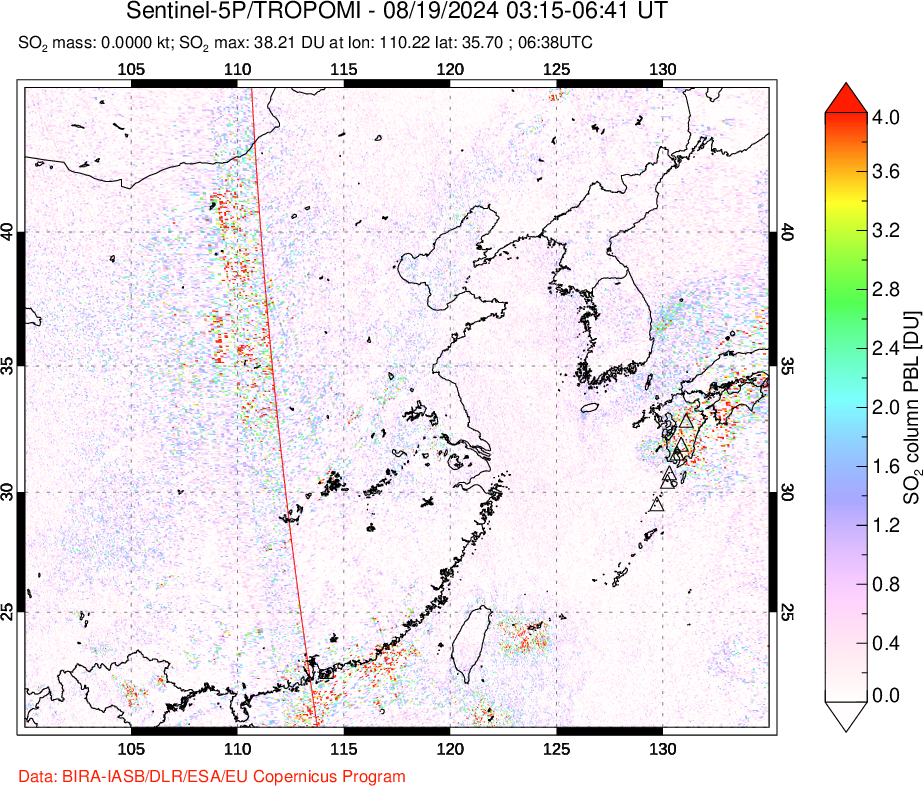 A sulfur dioxide image over Eastern China on Aug 19, 2024.