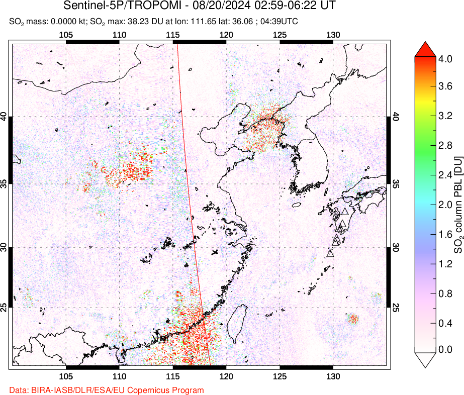 A sulfur dioxide image over Eastern China on Aug 20, 2024.