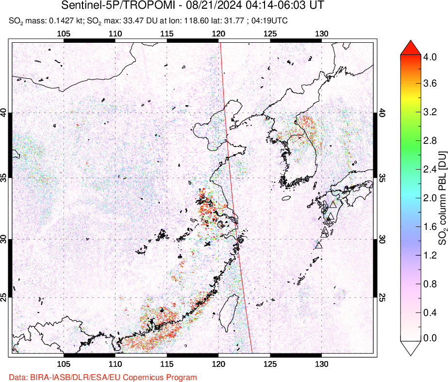 A sulfur dioxide image over Eastern China on Aug 21, 2024.