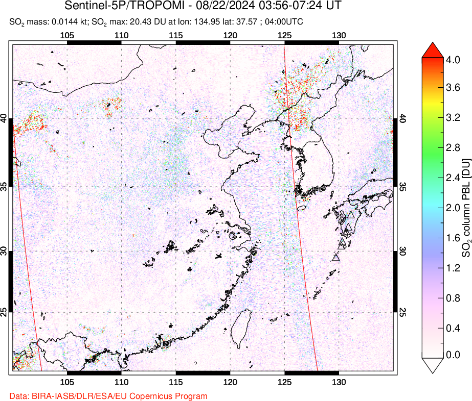 A sulfur dioxide image over Eastern China on Aug 22, 2024.