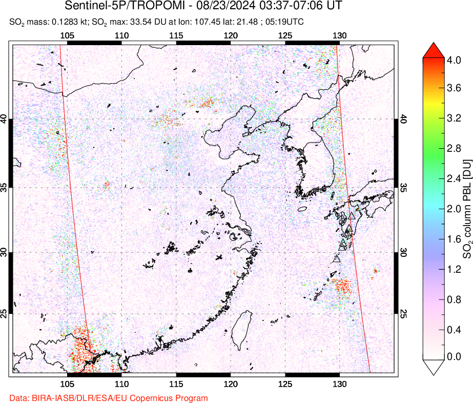 A sulfur dioxide image over Eastern China on Aug 23, 2024.