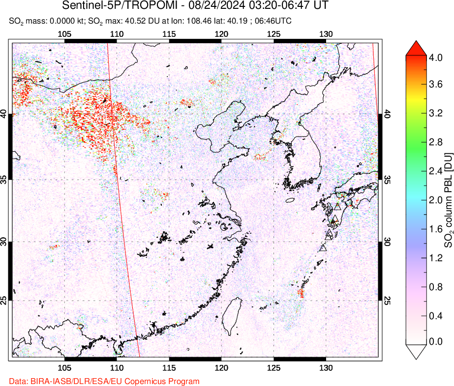 A sulfur dioxide image over Eastern China on Aug 24, 2024.