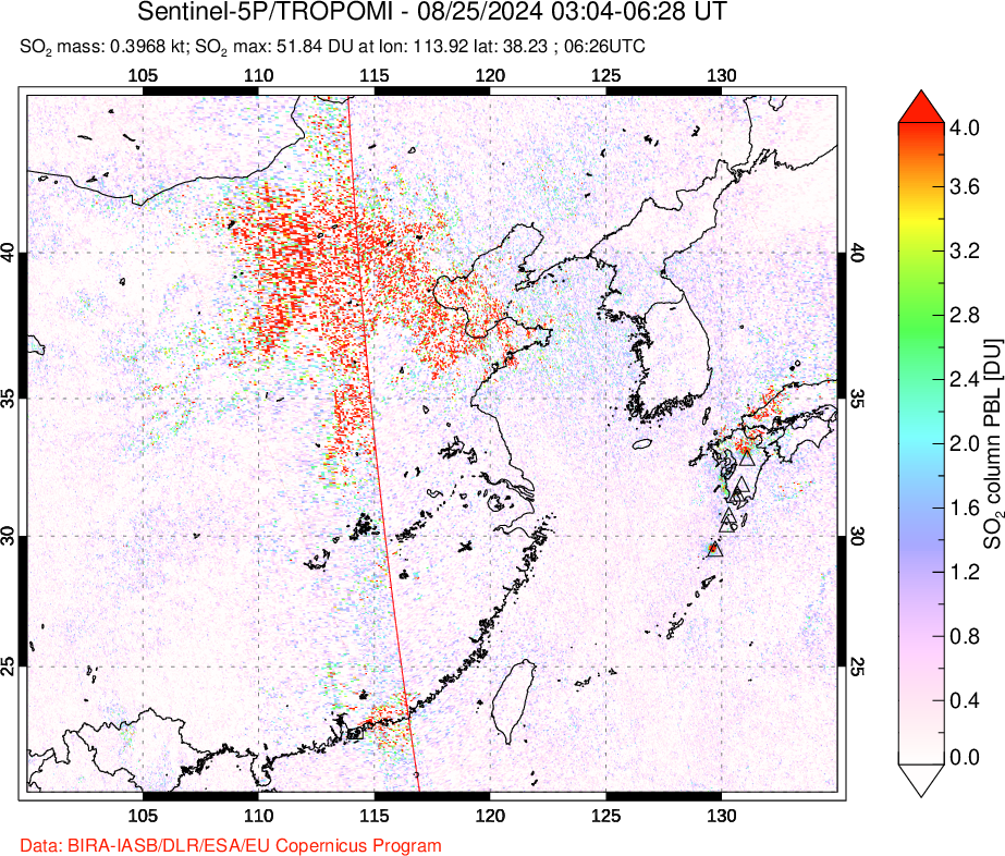 A sulfur dioxide image over Eastern China on Aug 25, 2024.