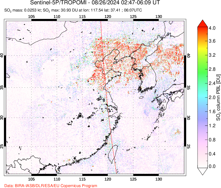 A sulfur dioxide image over Eastern China on Aug 26, 2024.