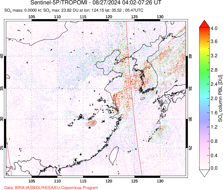 A sulfur dioxide image over Eastern China on Aug 27, 2024.