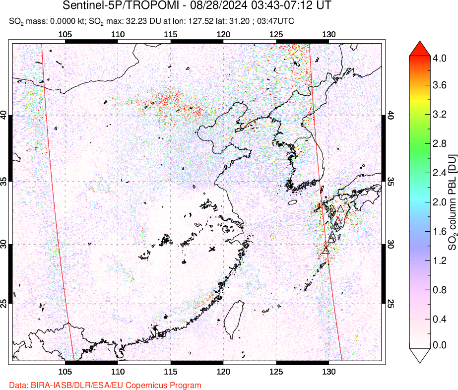 A sulfur dioxide image over Eastern China on Aug 28, 2024.