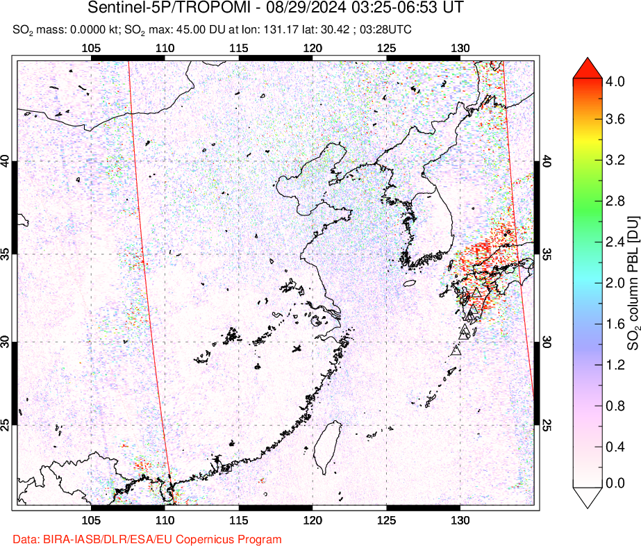 A sulfur dioxide image over Eastern China on Aug 29, 2024.