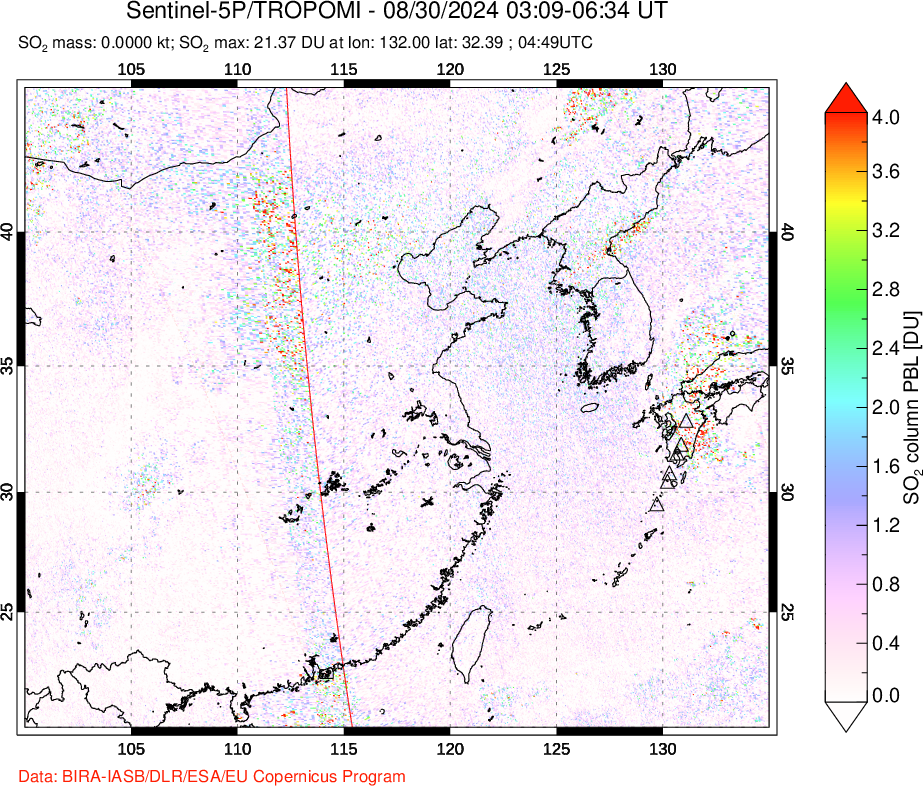 A sulfur dioxide image over Eastern China on Aug 30, 2024.