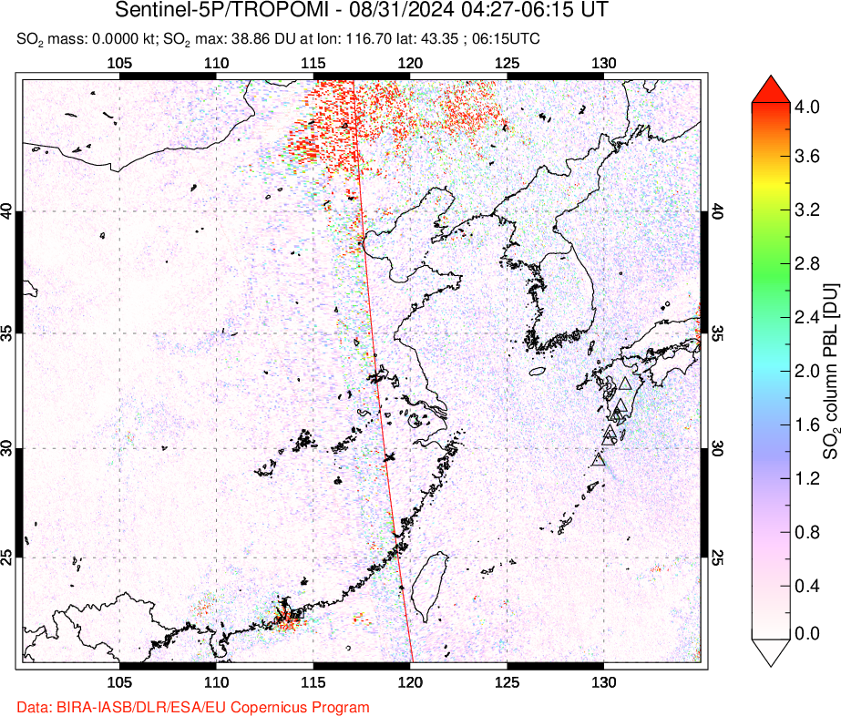 A sulfur dioxide image over Eastern China on Aug 31, 2024.