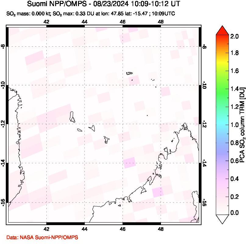 A sulfur dioxide image over Comoro Islands on Aug 23, 2024.