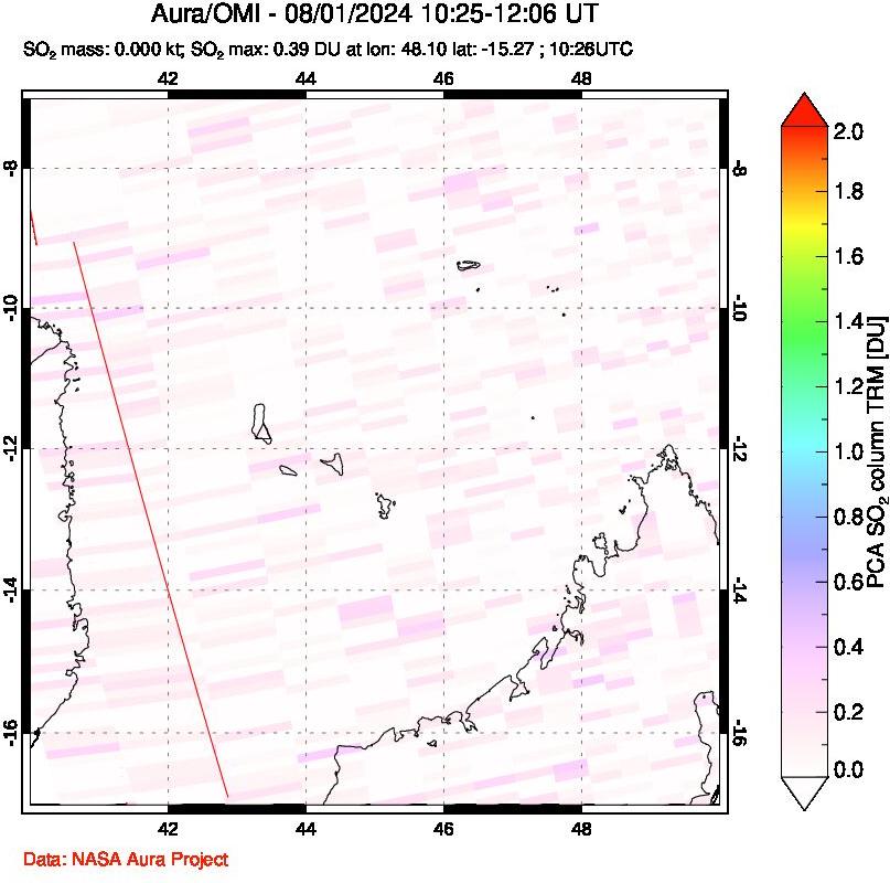 A sulfur dioxide image over Comoro Islands on Aug 01, 2024.