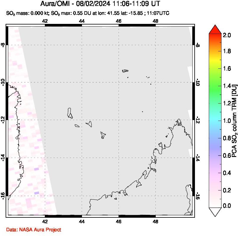 A sulfur dioxide image over Comoro Islands on Aug 02, 2024.