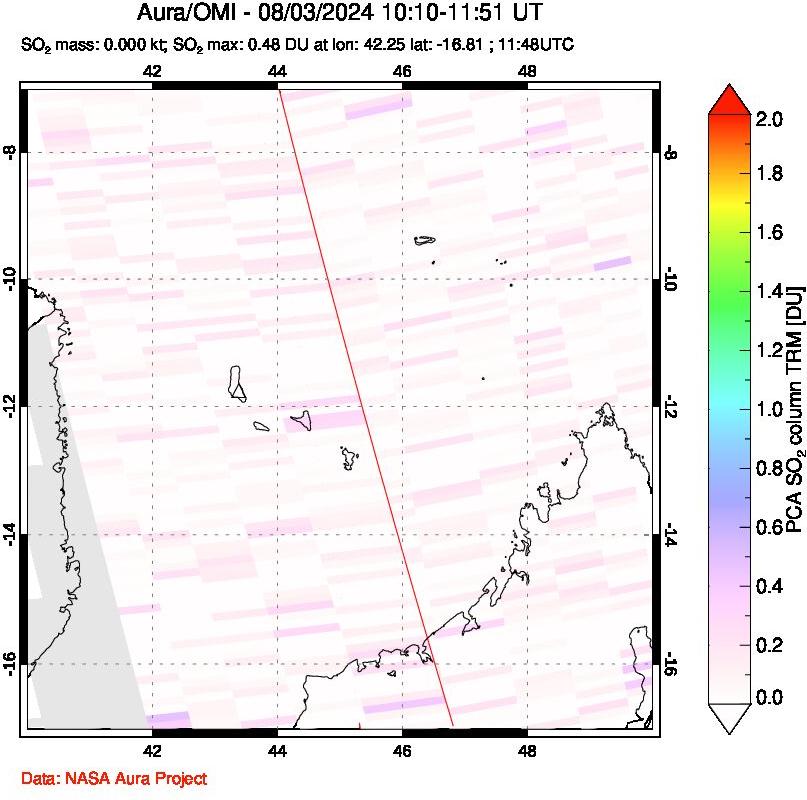 A sulfur dioxide image over Comoro Islands on Aug 03, 2024.