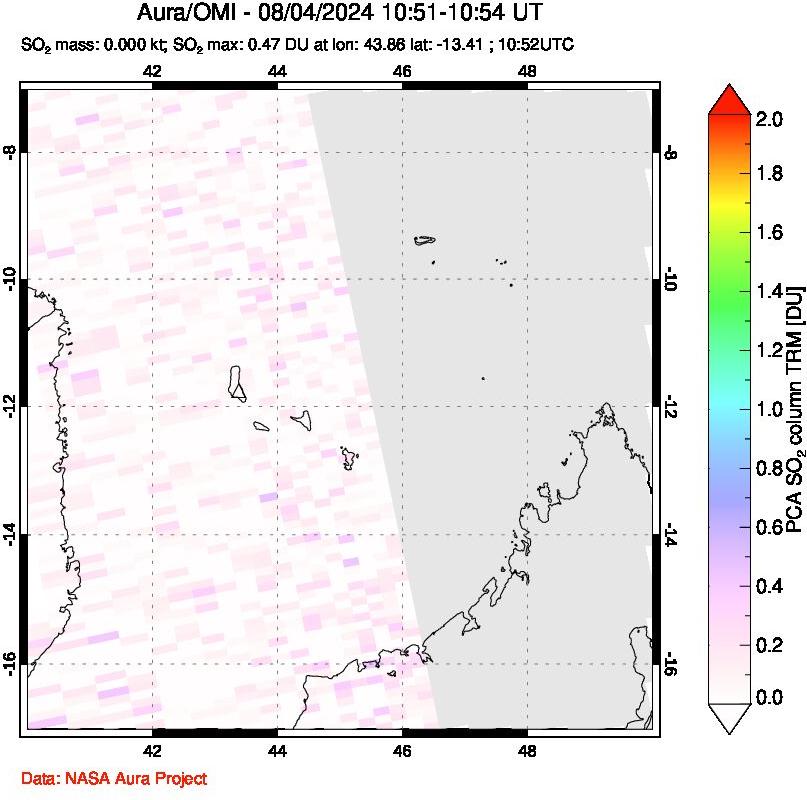 A sulfur dioxide image over Comoro Islands on Aug 04, 2024.