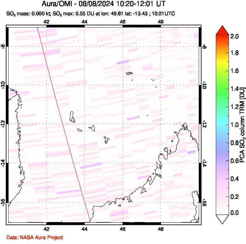 A sulfur dioxide image over Comoro Islands on Aug 08, 2024.