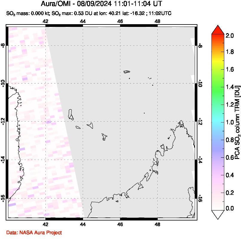 A sulfur dioxide image over Comoro Islands on Aug 09, 2024.