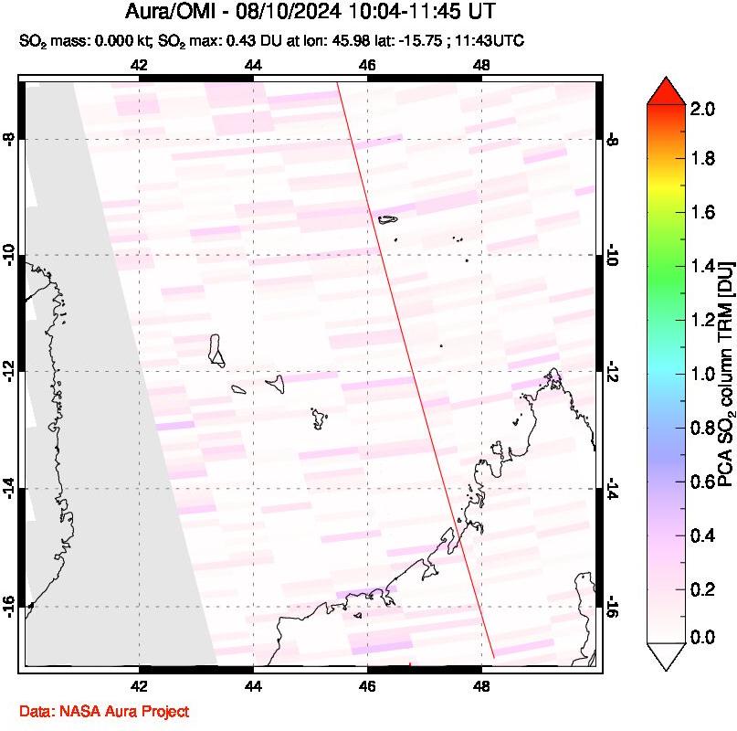 A sulfur dioxide image over Comoro Islands on Aug 10, 2024.