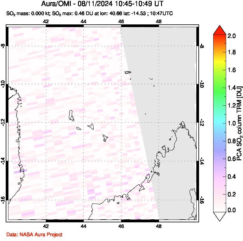 A sulfur dioxide image over Comoro Islands on Aug 11, 2024.