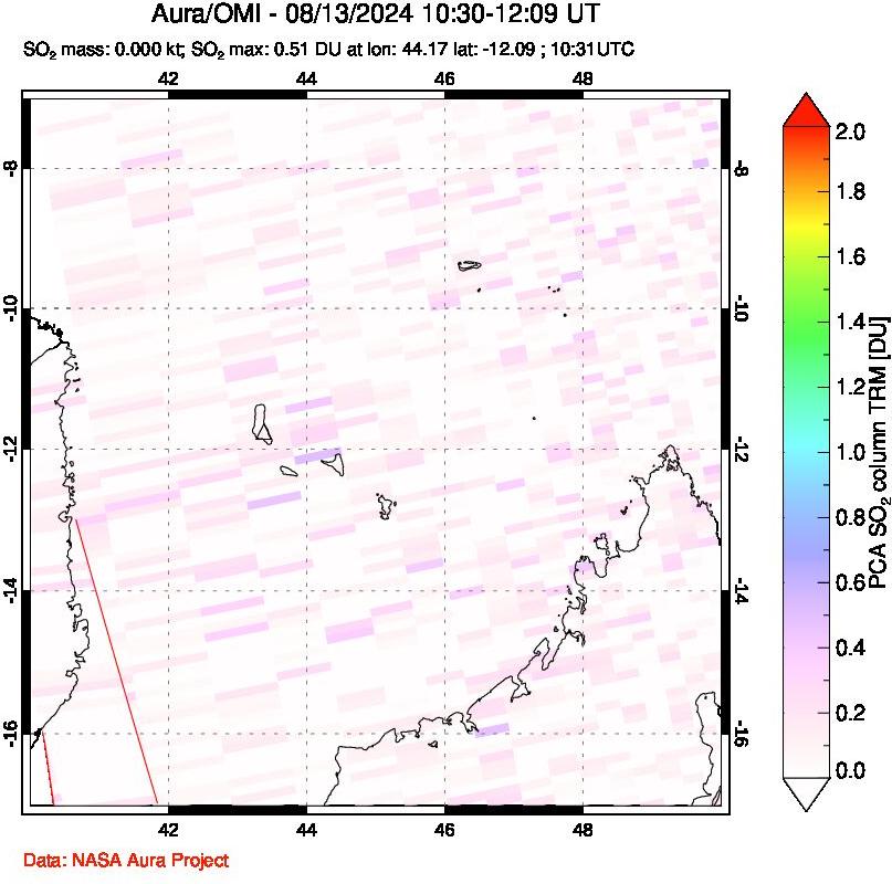 A sulfur dioxide image over Comoro Islands on Aug 13, 2024.