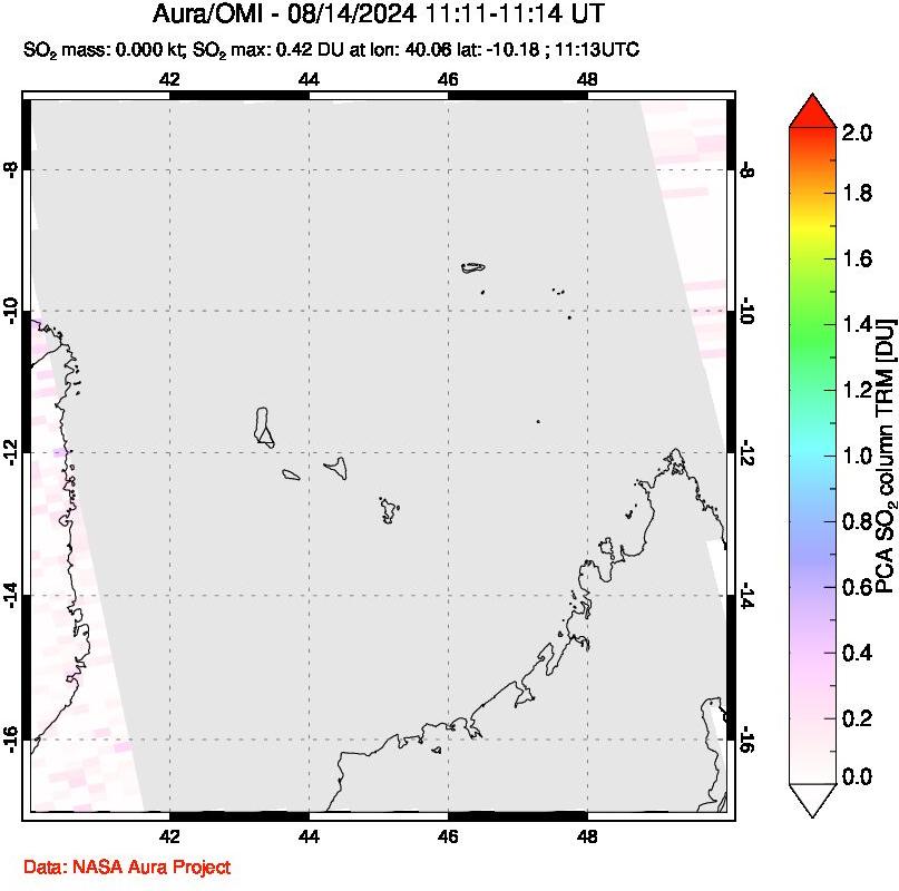 A sulfur dioxide image over Comoro Islands on Aug 14, 2024.