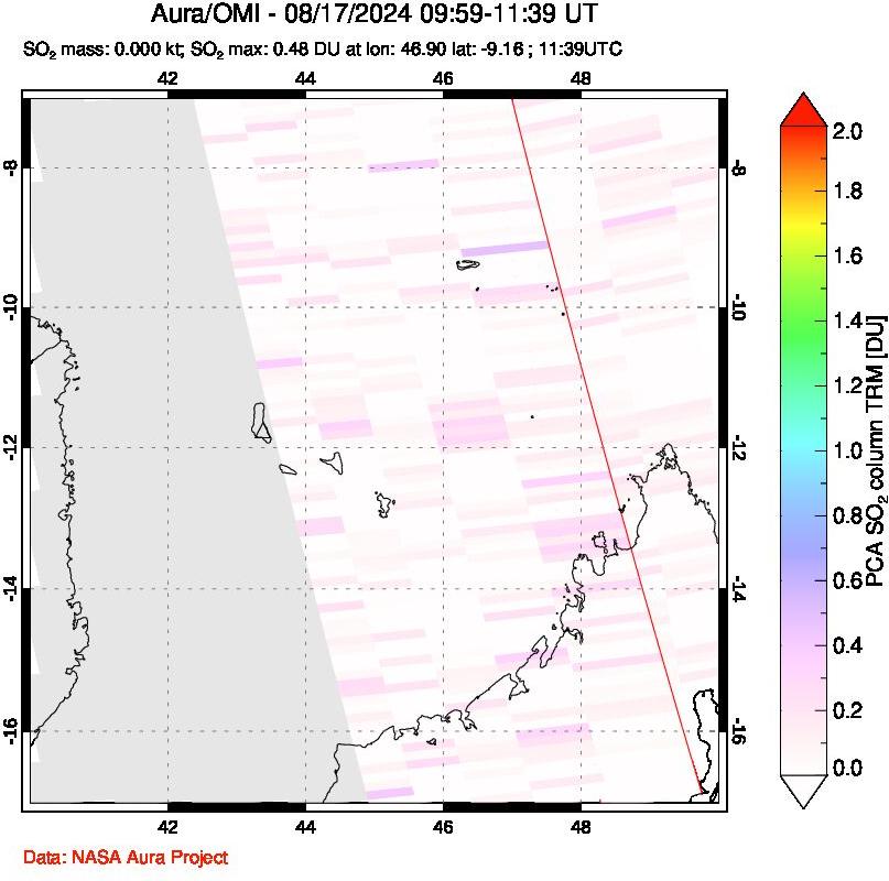 A sulfur dioxide image over Comoro Islands on Aug 17, 2024.