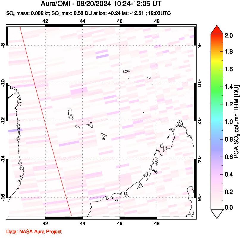 A sulfur dioxide image over Comoro Islands on Aug 20, 2024.