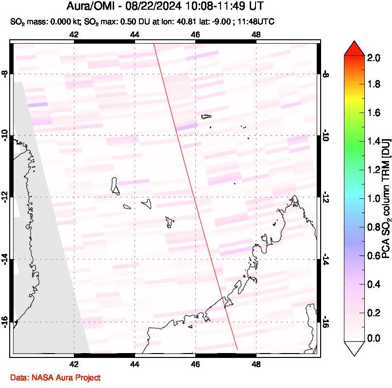 A sulfur dioxide image over Comoro Islands on Aug 22, 2024.