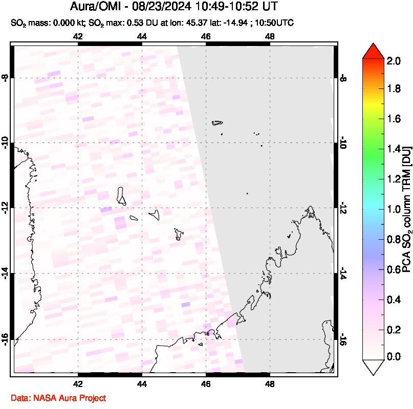 A sulfur dioxide image over Comoro Islands on Aug 23, 2024.