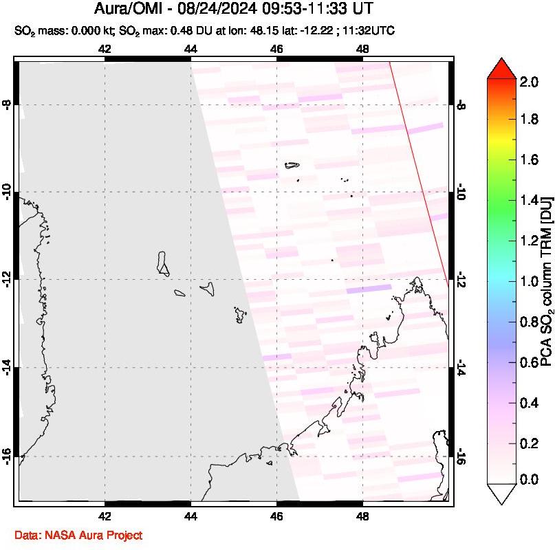 A sulfur dioxide image over Comoro Islands on Aug 24, 2024.